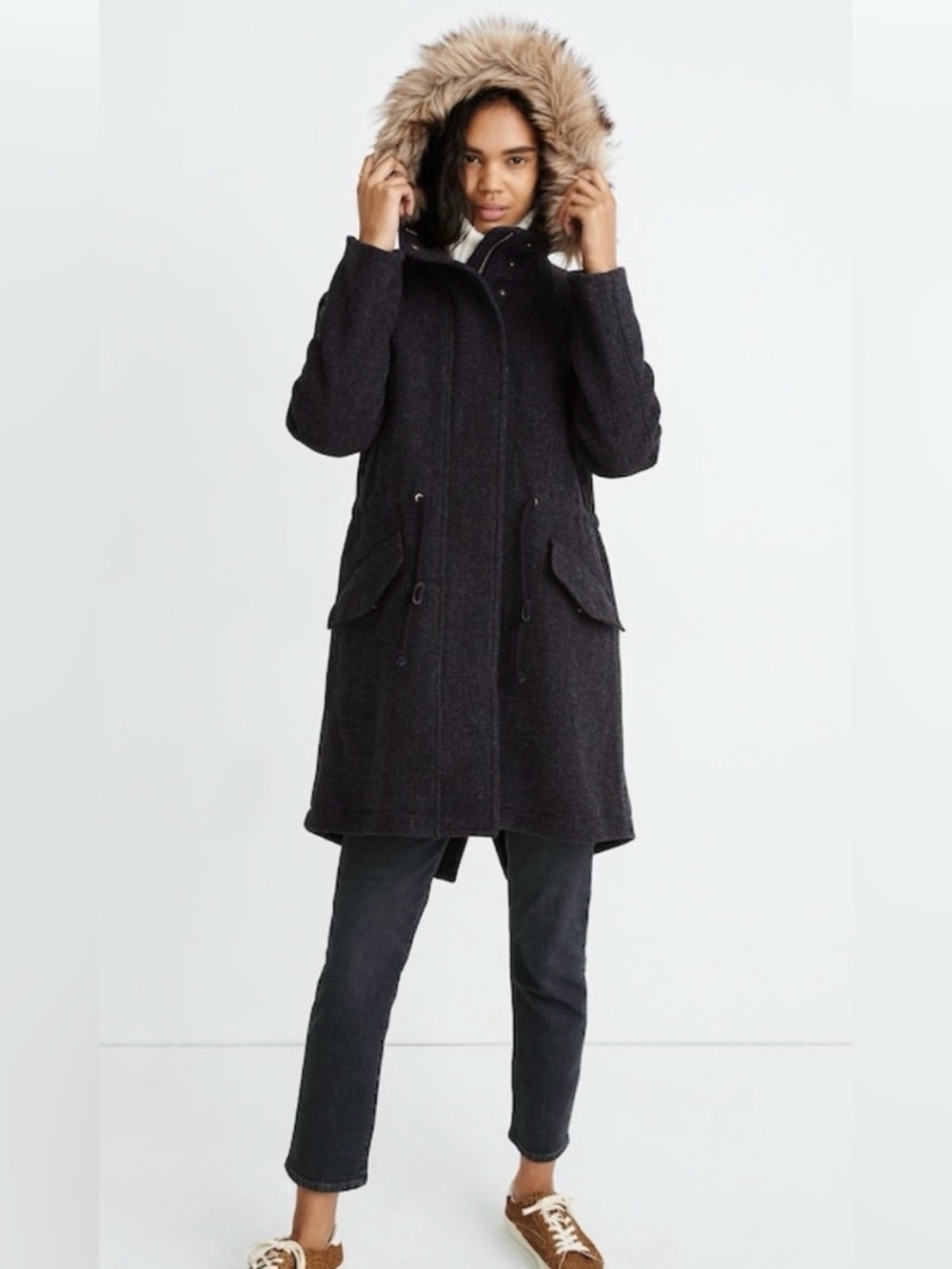 Madewell Vancouver faux fur wool blend black coal Hooded parka. Like New! XXS